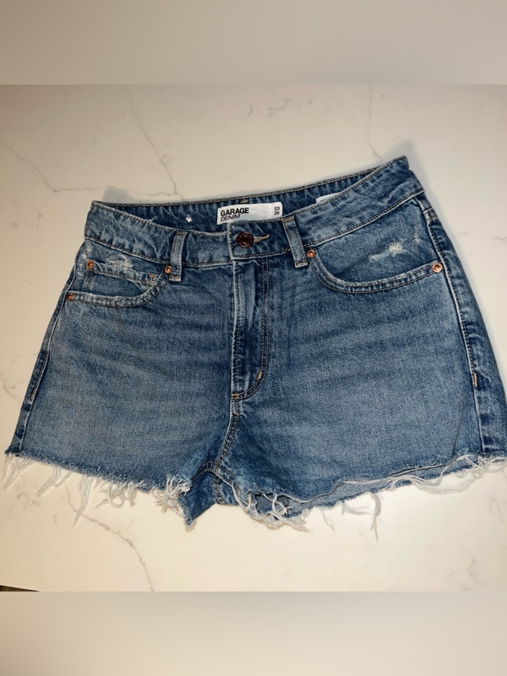 Garage Blue Distressed Frayed Hem Denim Shorts